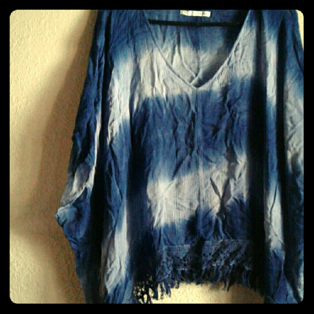 Blue tye- dye fringed bat- wing top Maurices